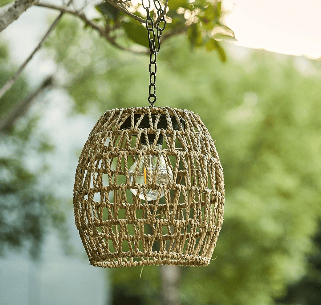 solar lamp lantern hanging on tree